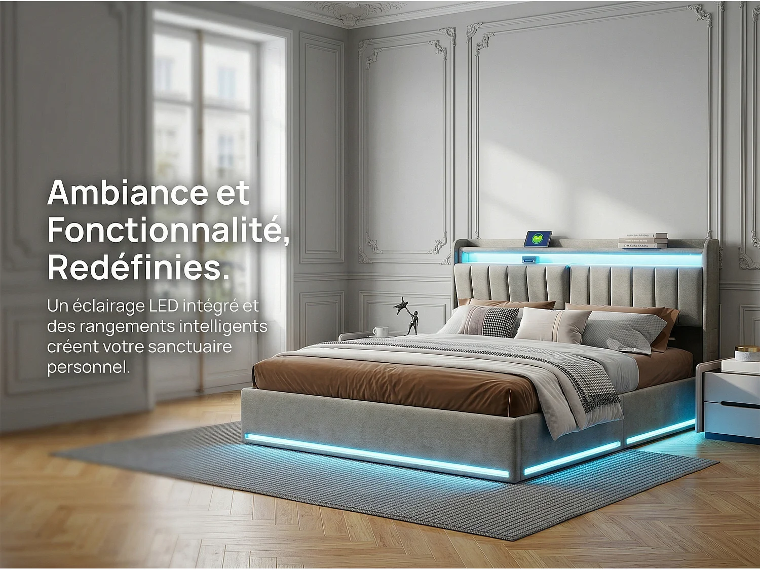 Lit coffre 140x190 cm Gris – lit double rembourré avec tête de lit, LED, prises USB, rangement hydraulique et sommier à lattes