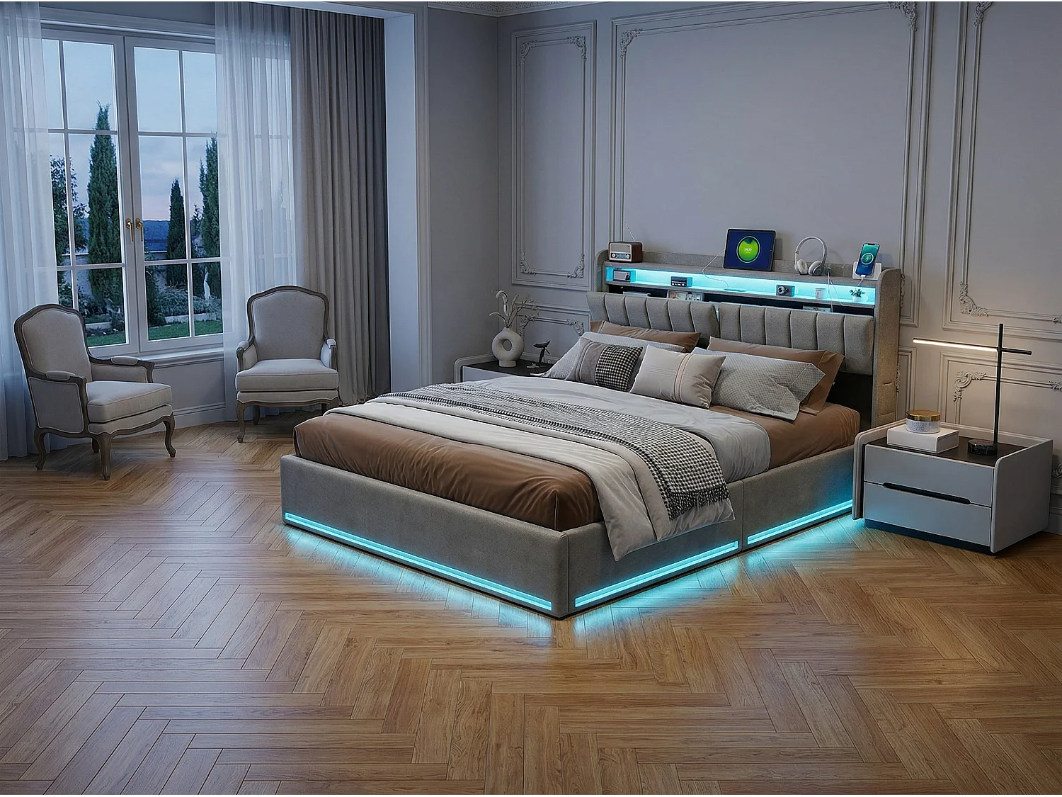 Lit coffre 140x190 cm Gris – lit double rembourré avec tête de lit, LED, prises USB, rangement hydraulique et sommier à lattes