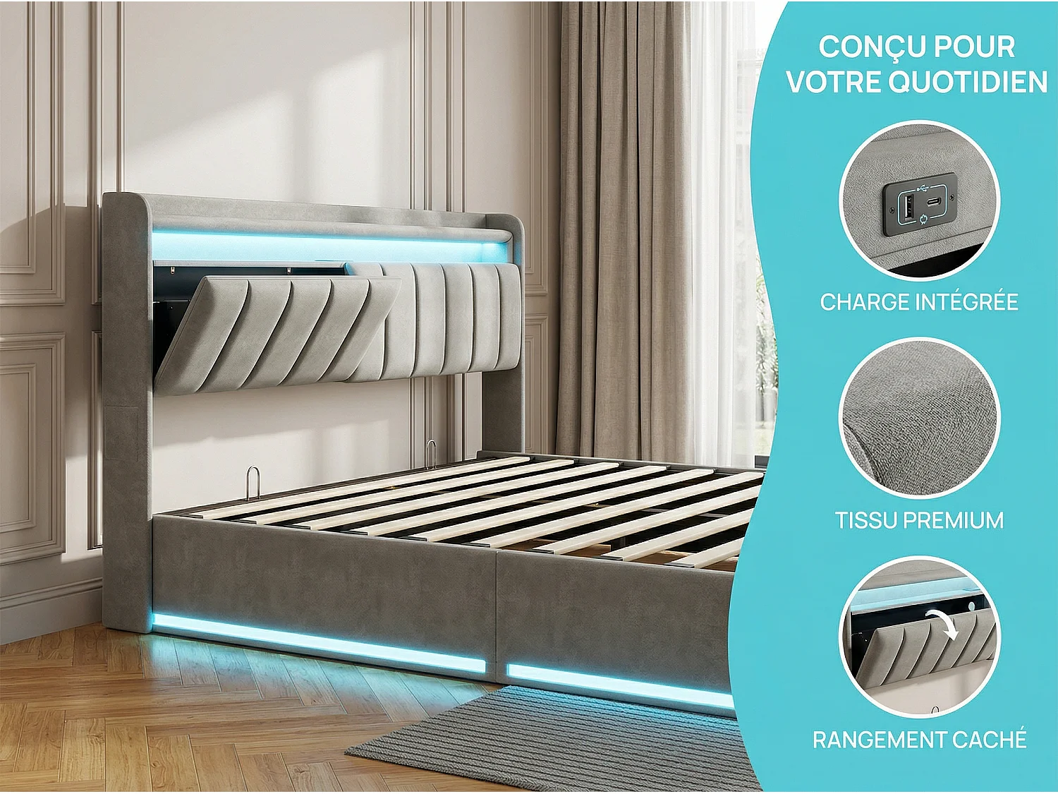 Lit coffre 140x190 cm Gris – lit double rembourré avec tête de lit, LED, prises USB, rangement hydraulique et sommier à lattes