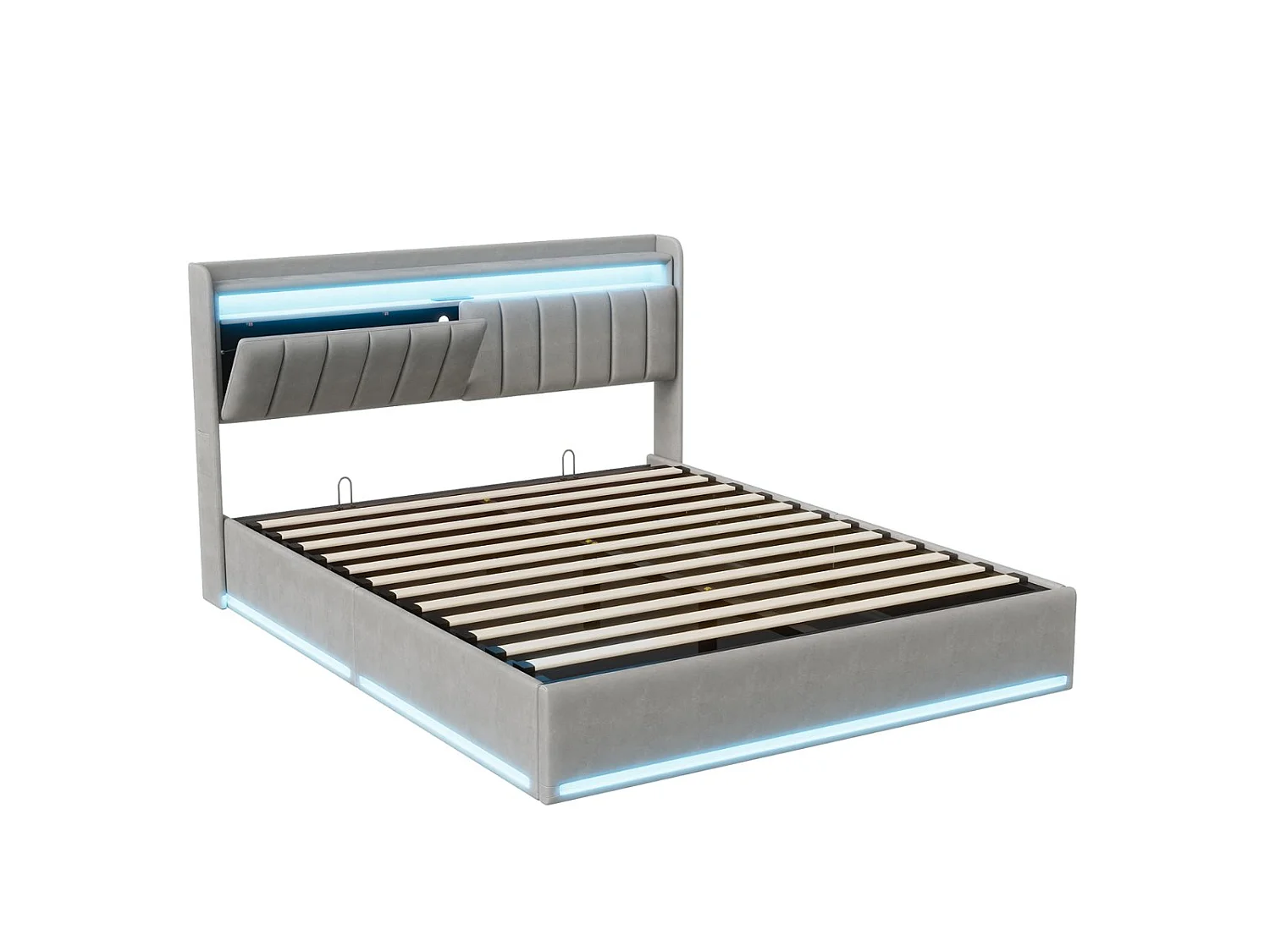 Lit coffre 140x190 cm Gris – lit double rembourré avec tête de lit, LED, prises USB, rangement hydraulique et sommier à lattes