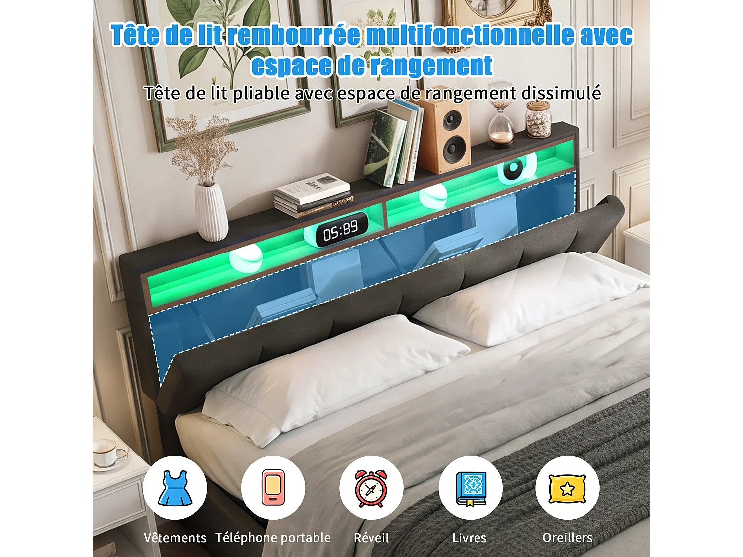 Opbergbed 180x200 met open planken en LED-hoofdbord - Bedframe met houten lattenbodem - 2 personen - Grijs linnen