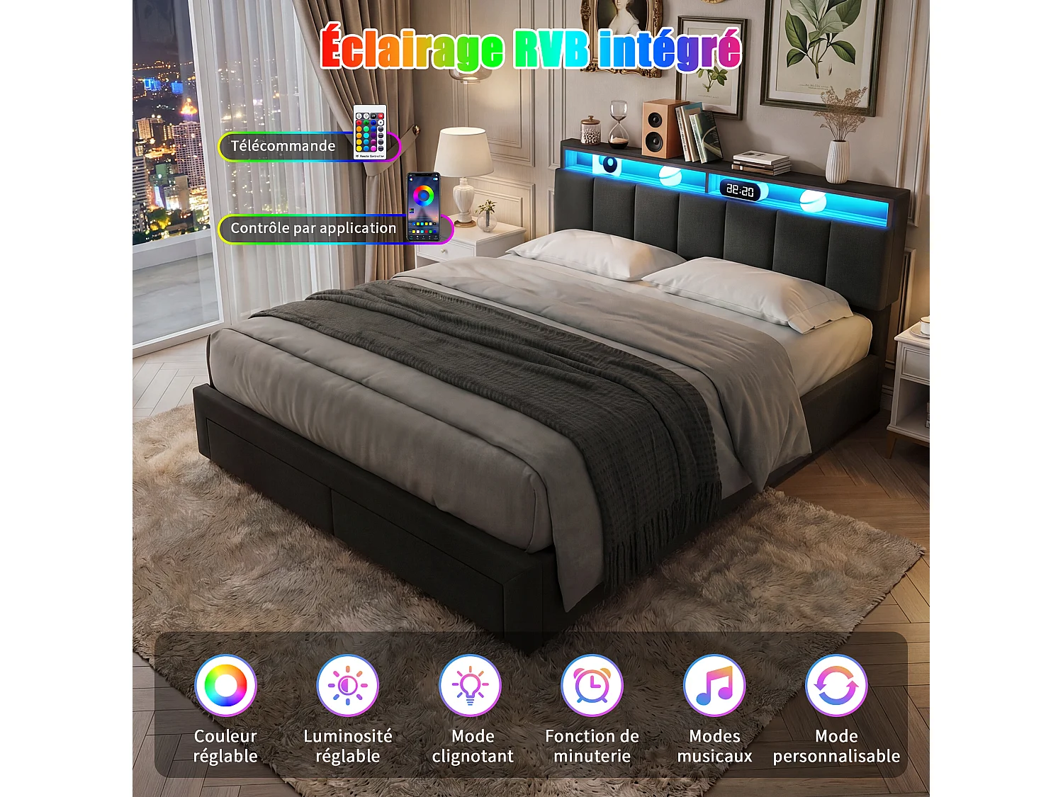 Opbergbed 180x200 met open planken en LED-hoofdbord - Bedframe met houten lattenbodem - 2 personen - Grijs linnen