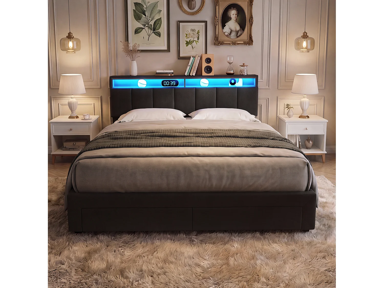 Opbergbed 180x200 met open planken en LED-hoofdbord - Bedframe met houten lattenbodem - 2 personen - Grijs linnen