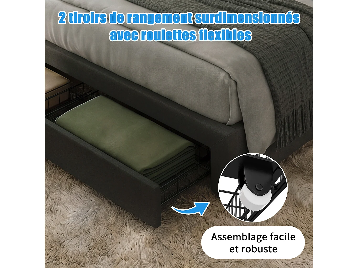 Opbergbed 180x200 met open planken en LED-hoofdbord - Bedframe met houten lattenbodem - 2 personen - Grijs linnen