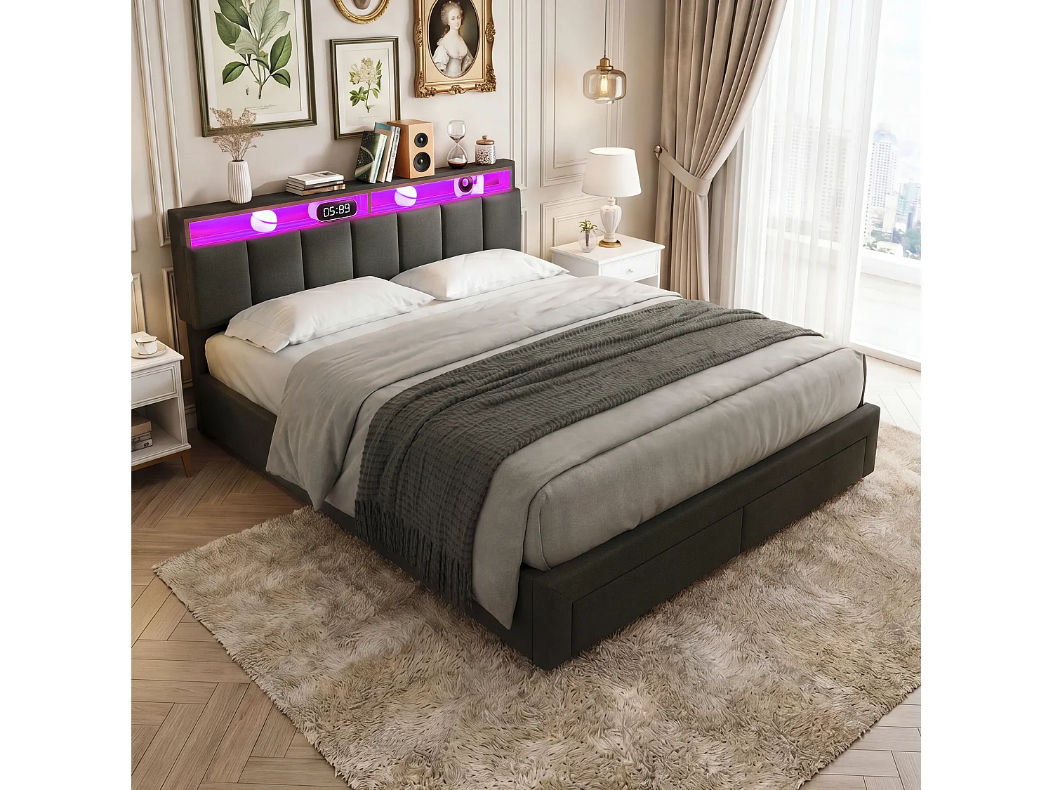 Opbergbed 180x200 met open planken en LED-hoofdbord - Bedframe met houten lattenbodem - 2 personen - Grijs linnen