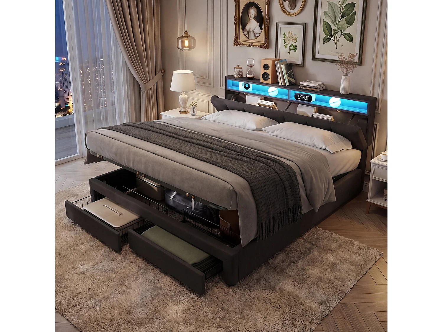 Opbergbed 180x200 met open planken en LED-hoofdbord - Bedframe met houten lattenbodem - 2 personen - Grijs linnen