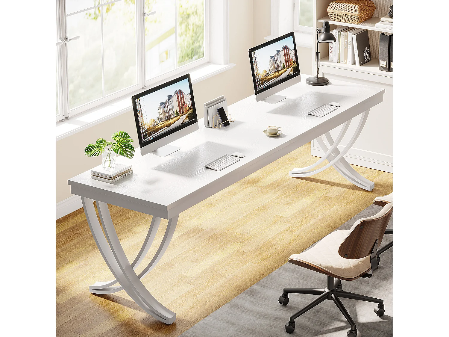 Bureau d'ordinateur pour 2 personnes, bureau extra long de 200 cm, grand bureau double pour deux personnes, blanc