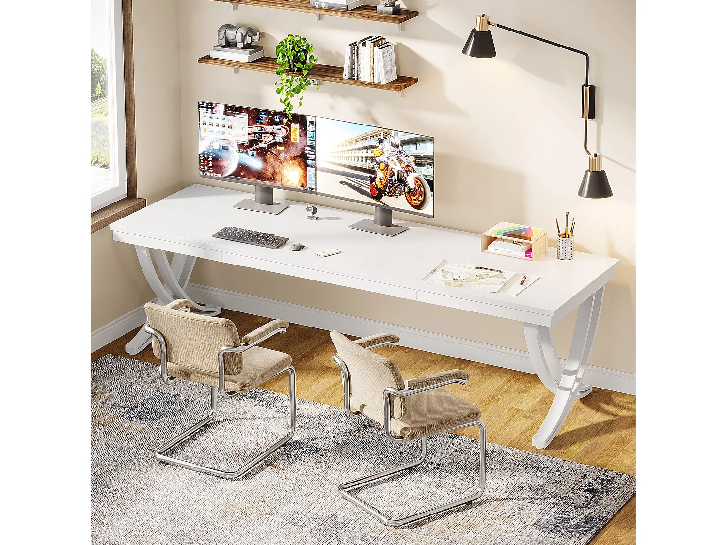 Bureau d'ordinateur pour 2 personnes, bureau extra long de 200 cm, grand bureau double pour deux personnes, blanc