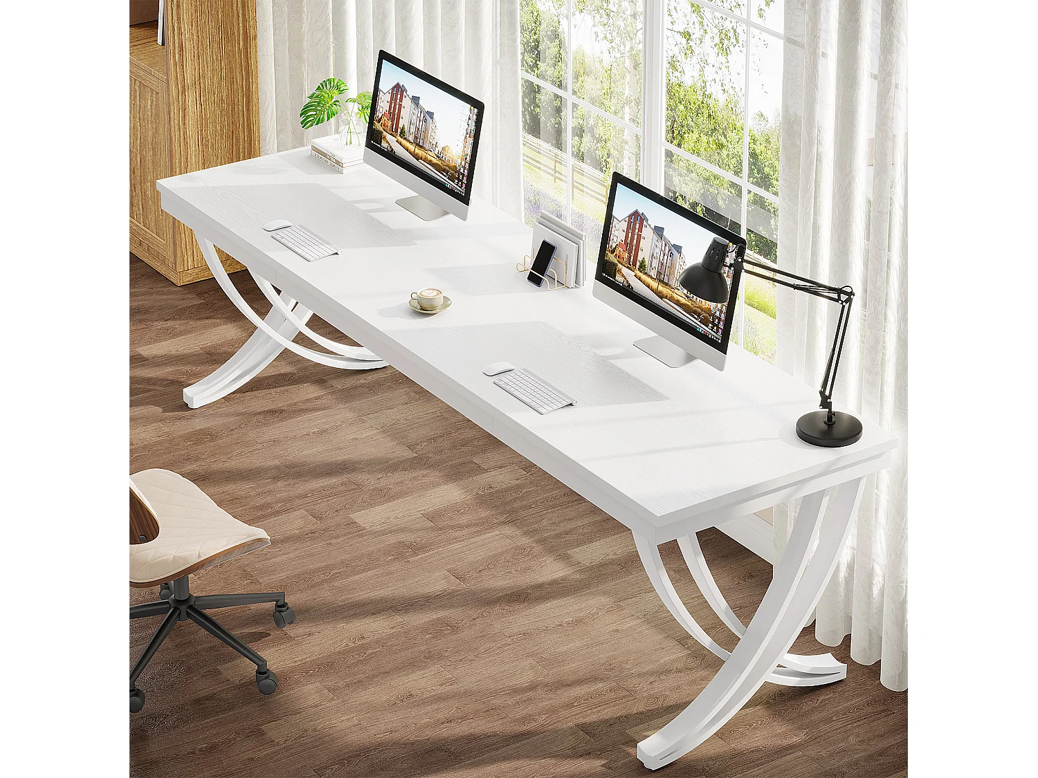 Bureau d'ordinateur pour 2 personnes, bureau extra long de 200 cm, grand bureau double pour deux personnes, blanc