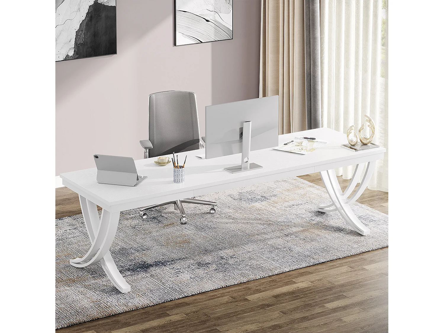 Bureau d'ordinateur pour 2 personnes, bureau extra long de 200 cm, grand bureau double pour deux personnes, blanc