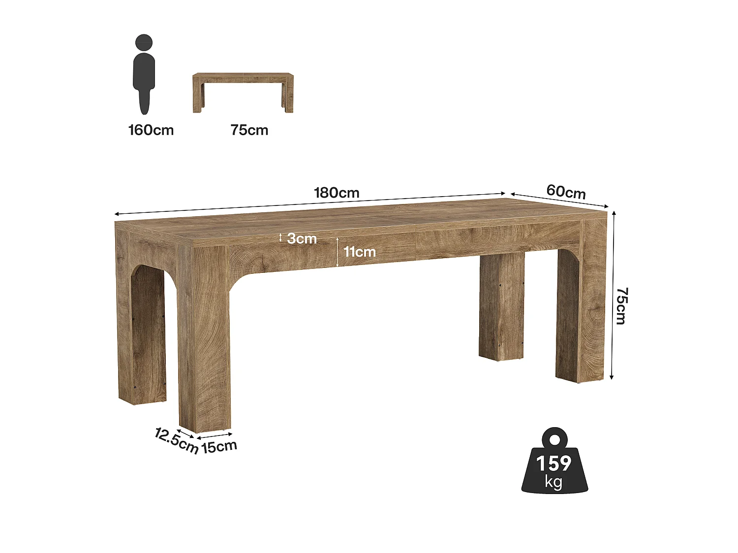 Bureau deux places, bureau extra long de 180 cm pour bureau à domicile, bureau double pour ordinateur, plateau en bois épais