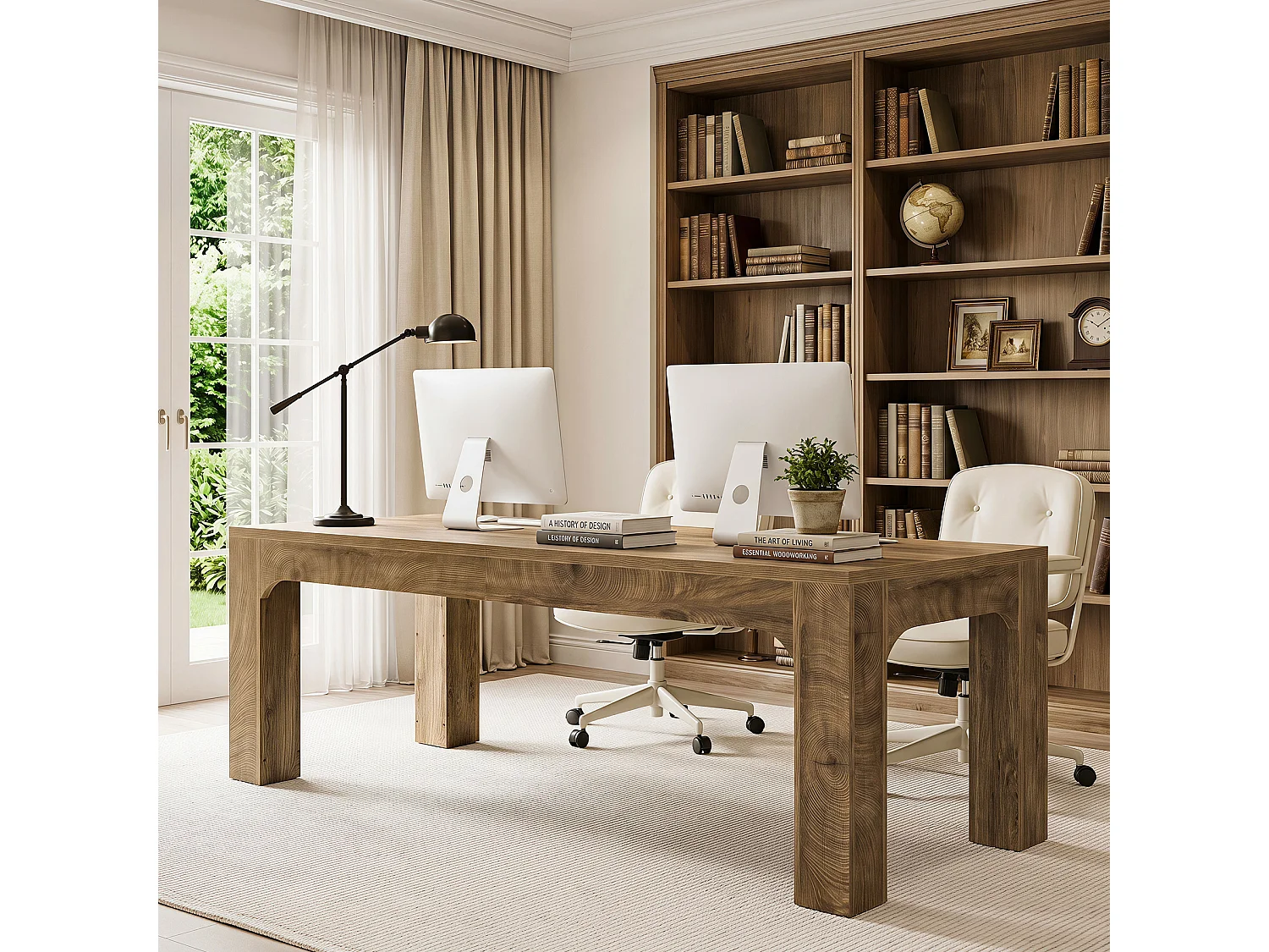 Bureau deux places, bureau extra long de 180 cm pour bureau à domicile, bureau double pour ordinateur, plateau en bois épais