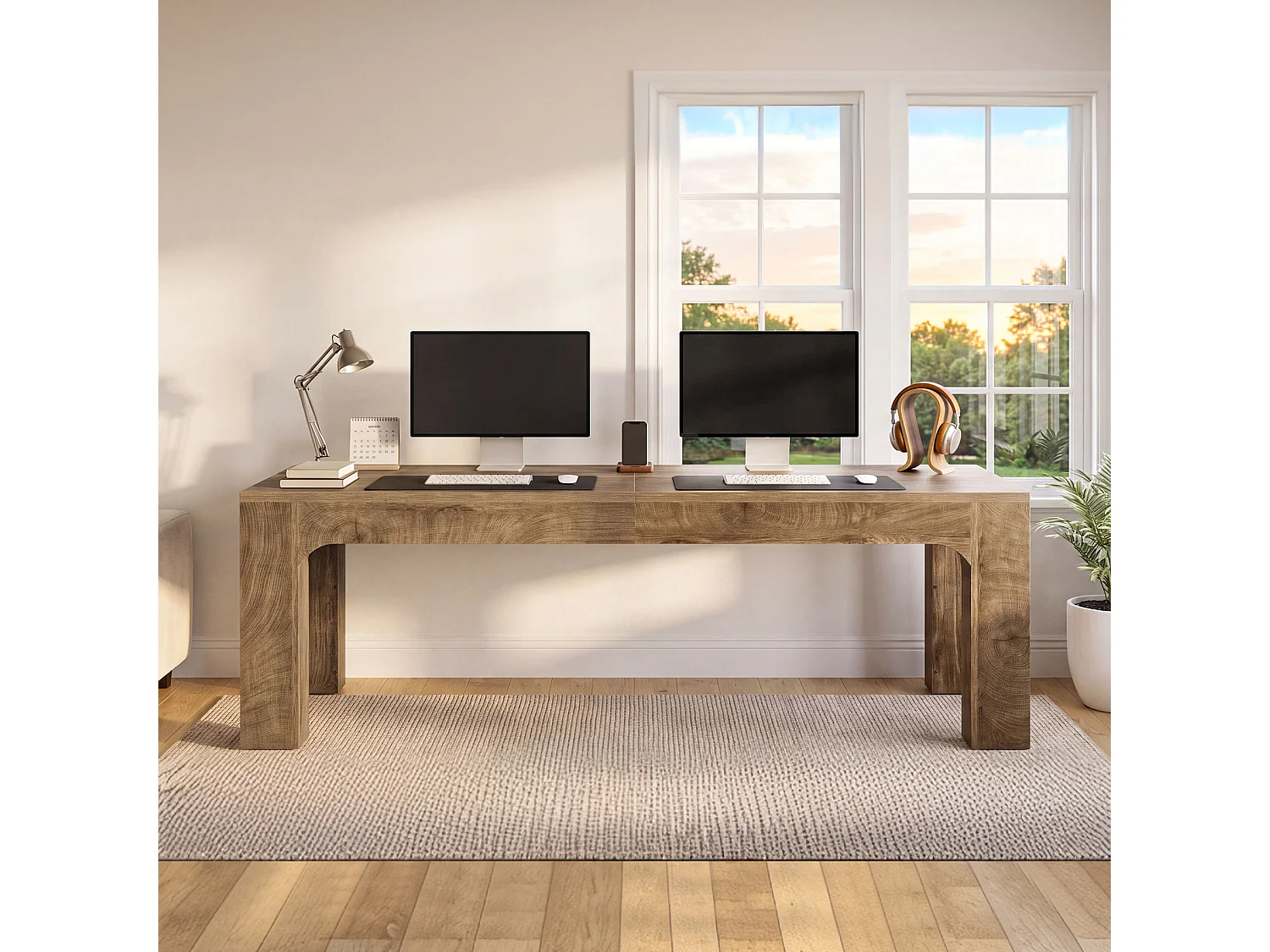 Bureau deux places, bureau extra long de 180 cm pour bureau à domicile, bureau double pour ordinateur, plateau en bois épais