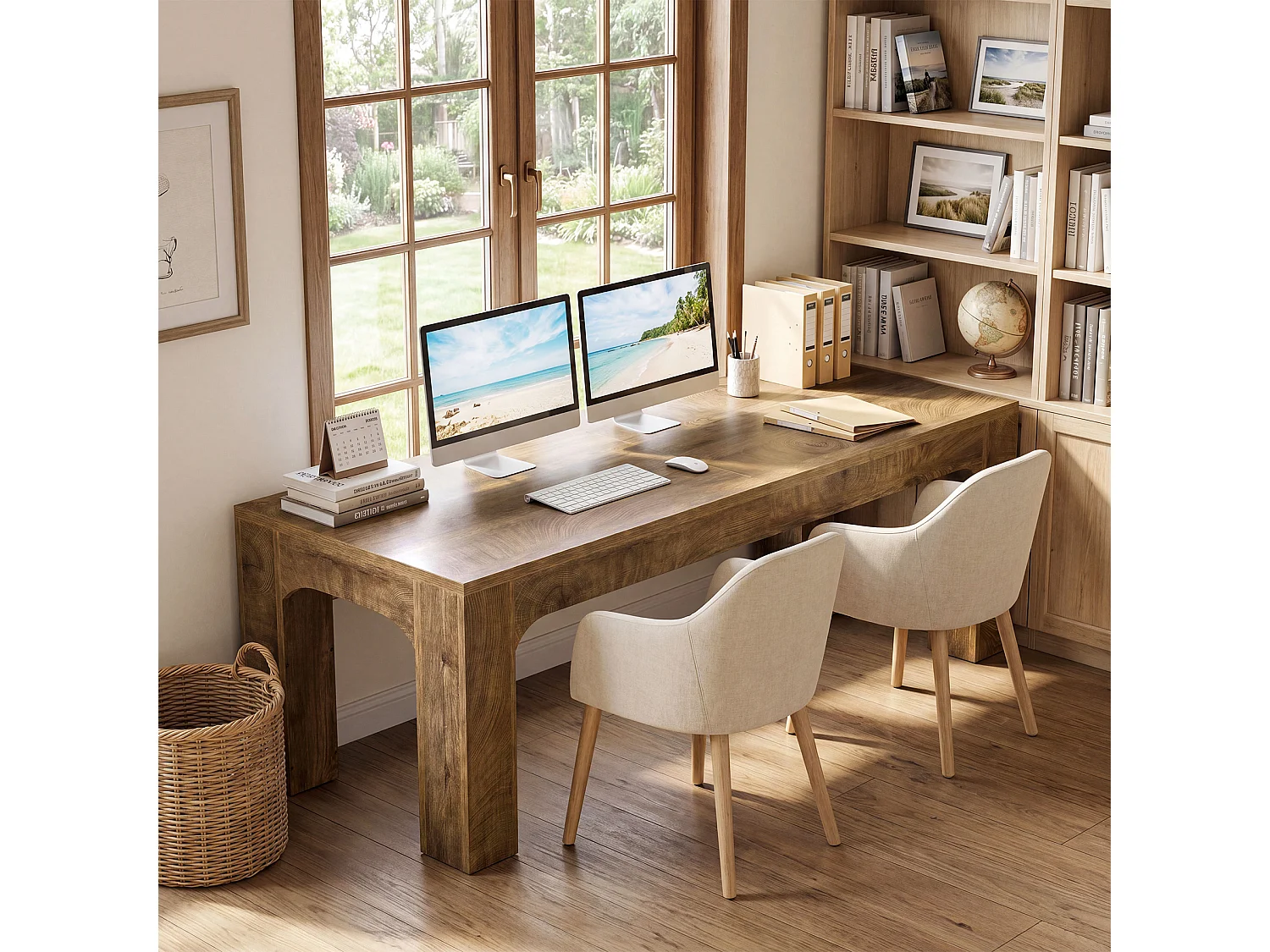 Bureau deux places, bureau extra long de 180 cm pour bureau à domicile, bureau double pour ordinateur, plateau en bois épais
