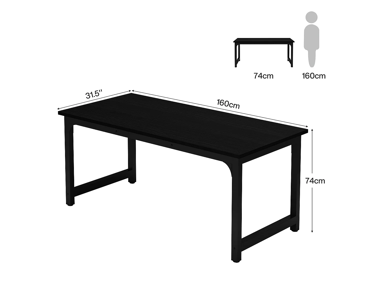 Bureau d'ordinateur moderne, 160 x 80 cm, grand bureau, table d'ordinateur, bureau d'étude, poste de travail pour bureau à domicile, noir