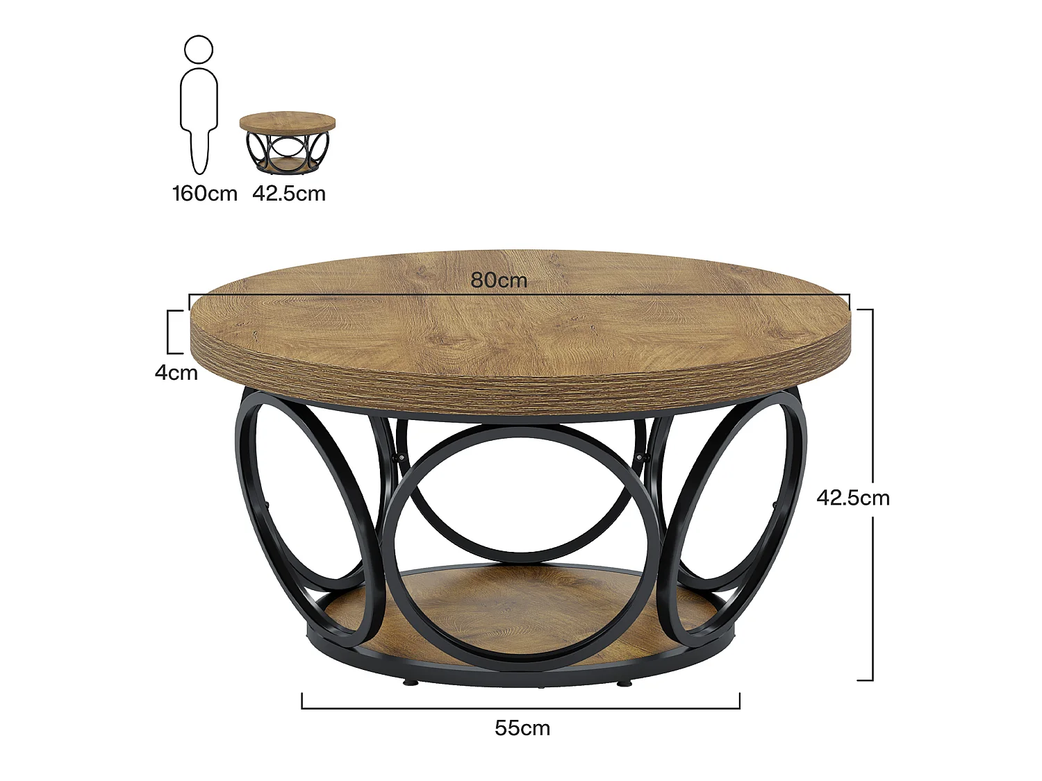Table basse ronde, table centrale ronde en bois de 80 cm, grande table basse ronde de style campagnard avec rangement à 2 niveaux