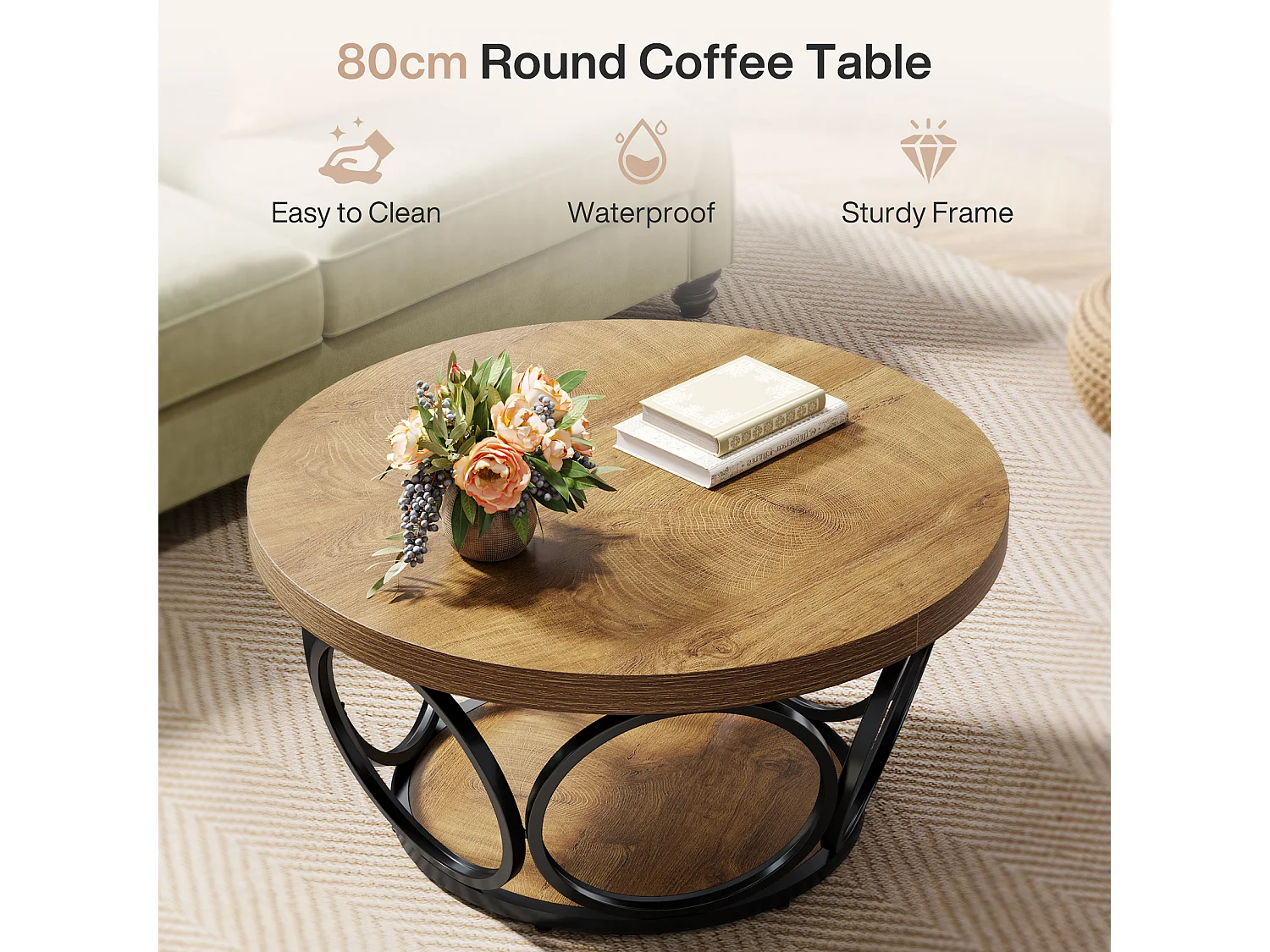 Table basse ronde, table centrale ronde en bois de 80 cm, grande table basse ronde de style campagnard avec rangement à 2 niveaux