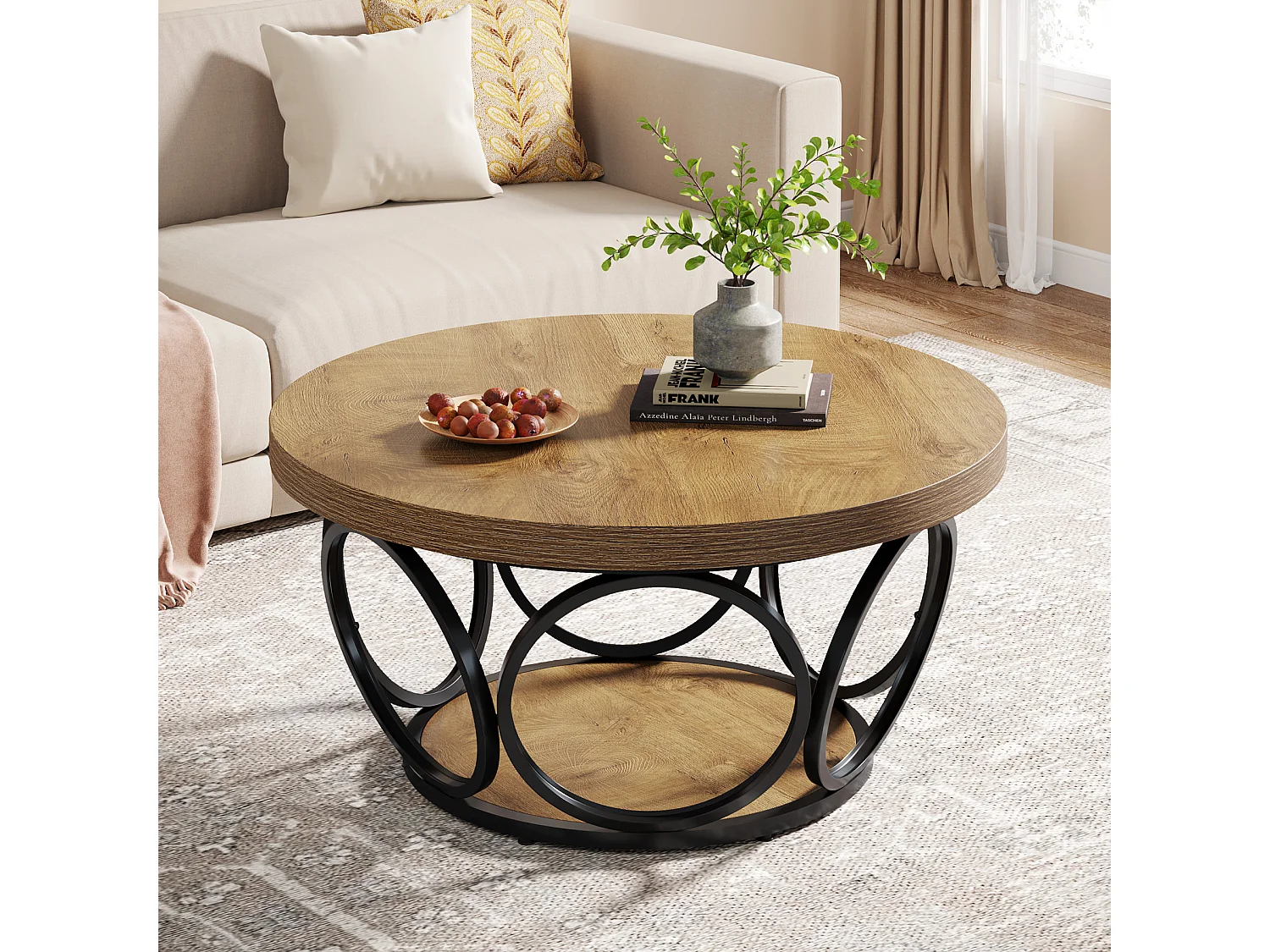 Table basse ronde, table centrale ronde en bois de 80 cm, grande table basse ronde de style campagnard avec rangement à 2 niveaux