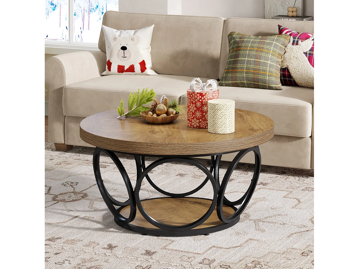 Table basse ronde, table centrale ronde en bois de 80 cm, grande table basse ronde de style campagnard avec rangement à 2 niveaux