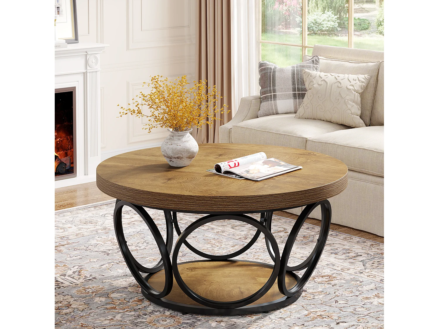 Table basse ronde, table centrale ronde en bois de 80 cm, grande table basse ronde de style campagnard avec rangement à 2 niveaux