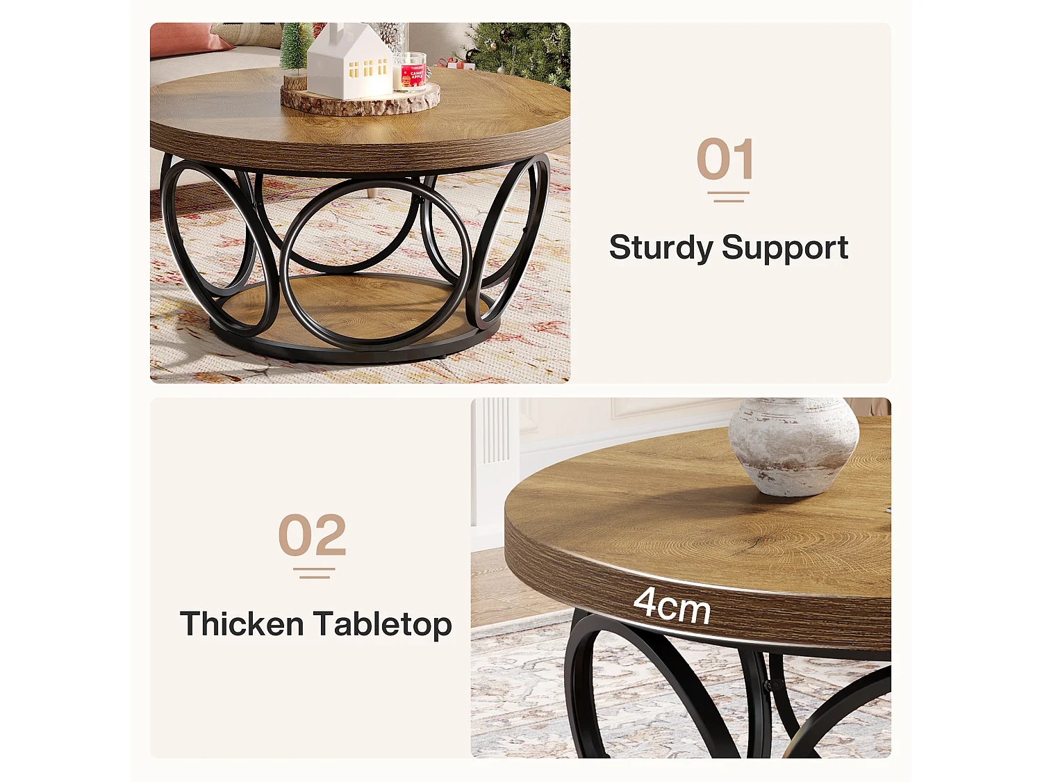 Table basse ronde, table centrale ronde en bois de 80 cm, grande table basse ronde de style campagnard avec rangement à 2 niveaux