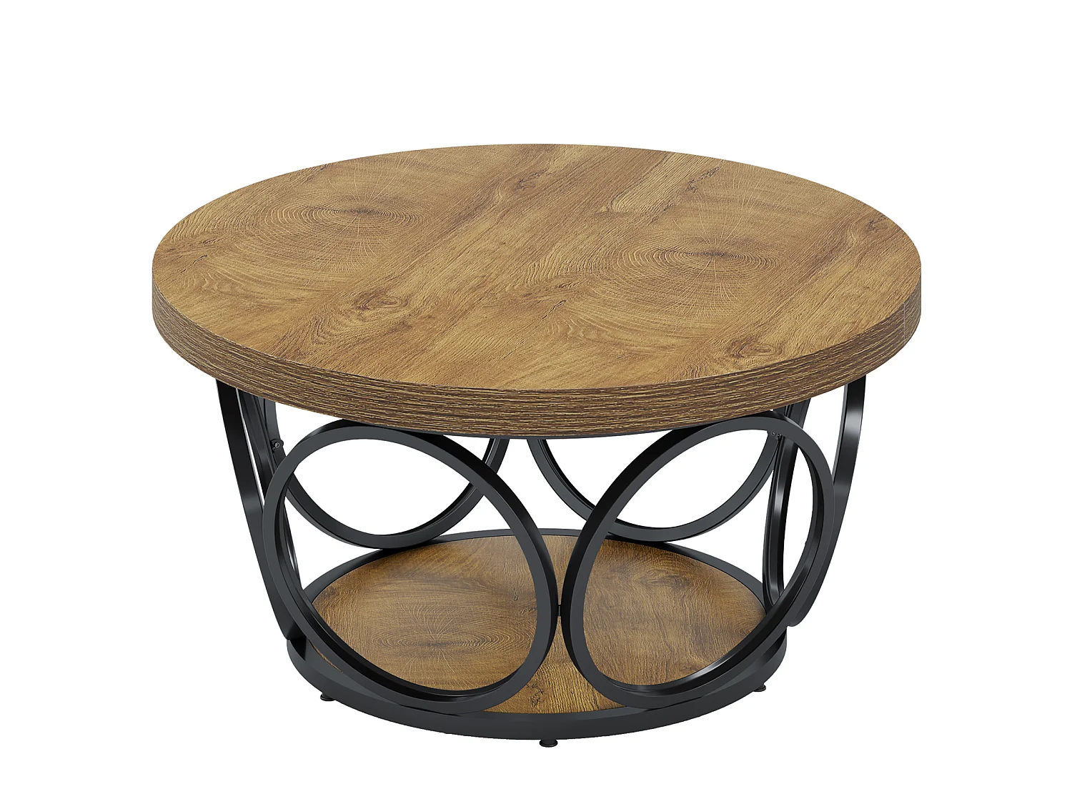 Table basse ronde, table centrale ronde en bois de 80 cm, grande table basse ronde de style campagnard avec rangement à 2 niveaux