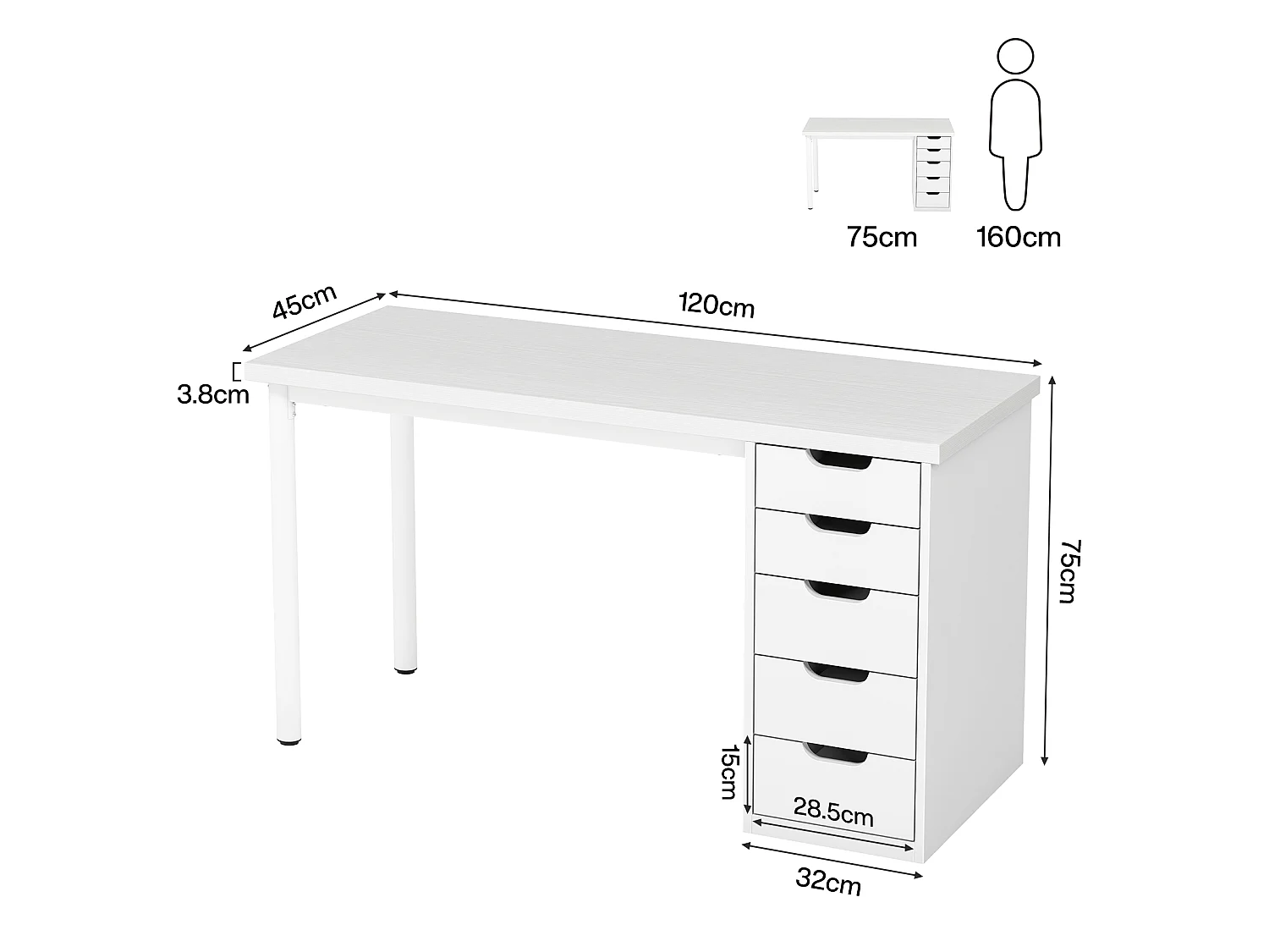 Bureau d'ordinateur à 5 tiroirs, bureau d'étude moderne et épuré avec structure en métal, blanc