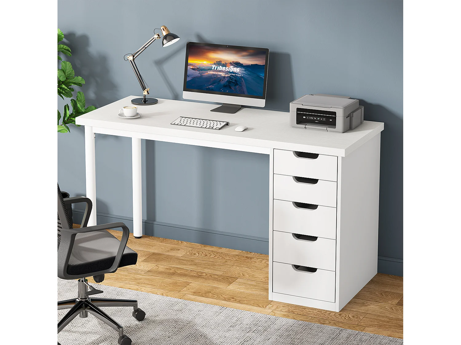 Bureau d'ordinateur à 5 tiroirs, bureau d'étude moderne et épuré avec structure en métal, blanc