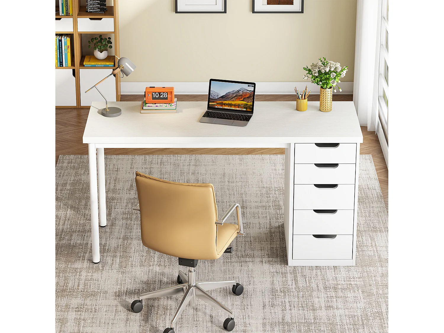 Bureau d'ordinateur à 5 tiroirs, bureau d'étude moderne et épuré avec structure en métal, blanc
