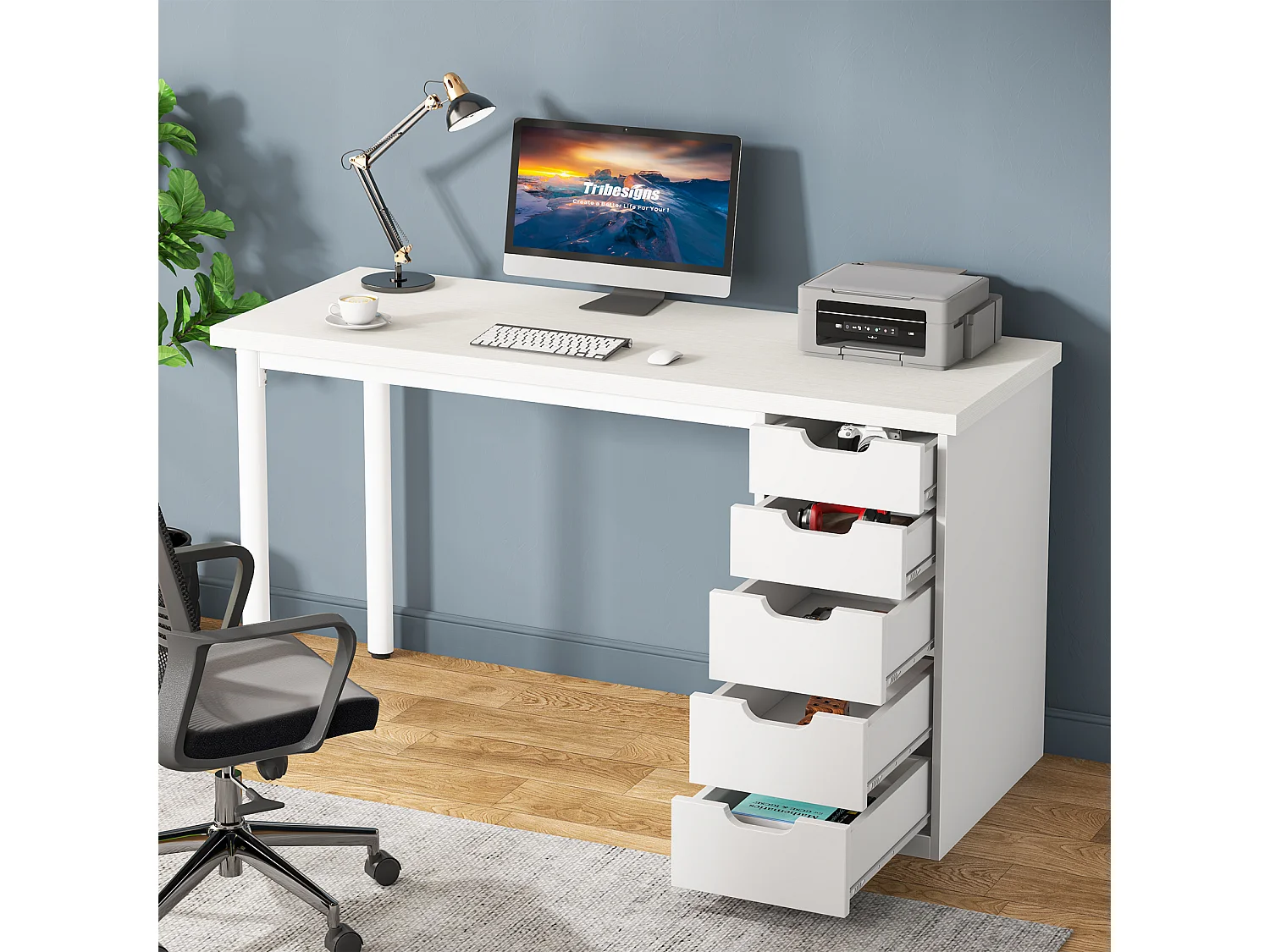 Bureau d'ordinateur à 5 tiroirs, bureau d'étude moderne et épuré avec structure en métal, blanc