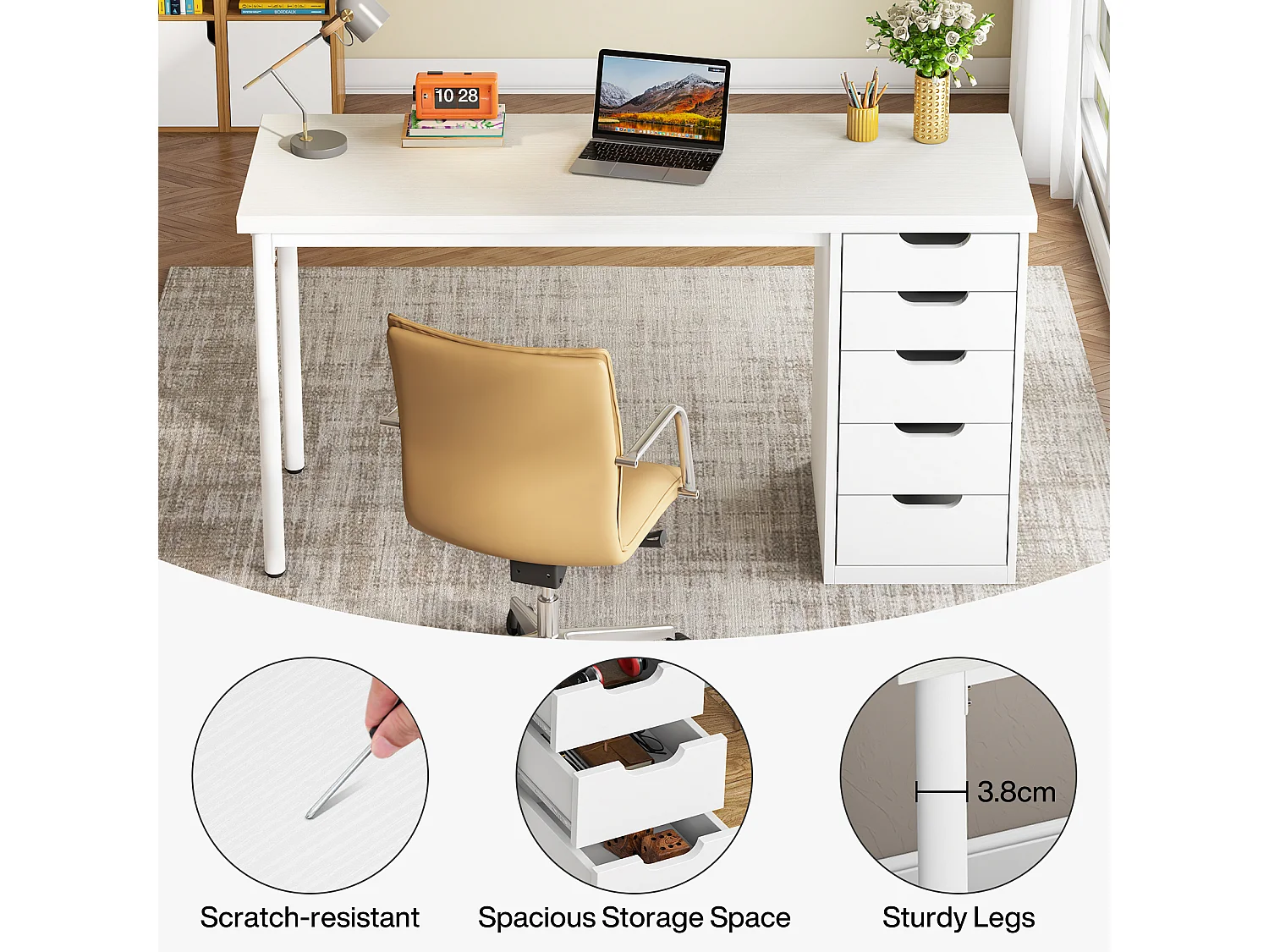 Bureau d'ordinateur à 5 tiroirs, bureau d'étude moderne et épuré avec structure en métal, blanc