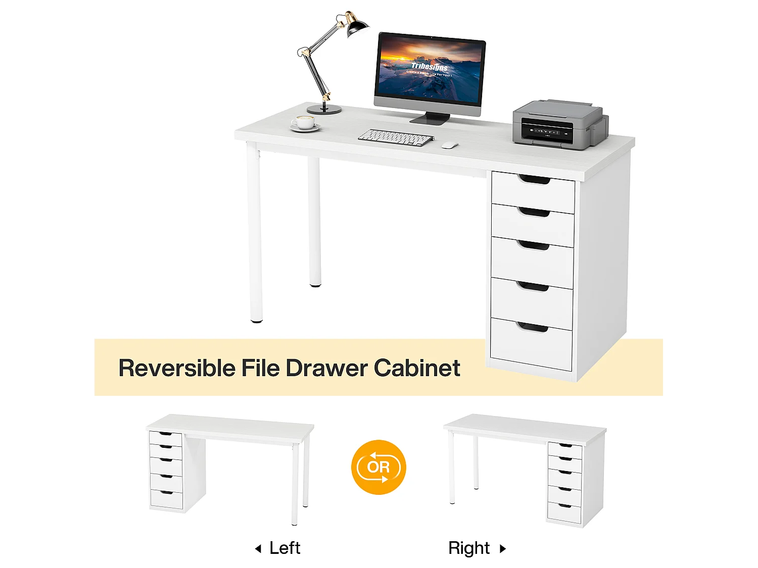 Bureau d'ordinateur à 5 tiroirs, bureau d'étude moderne et épuré avec structure en métal, blanc
