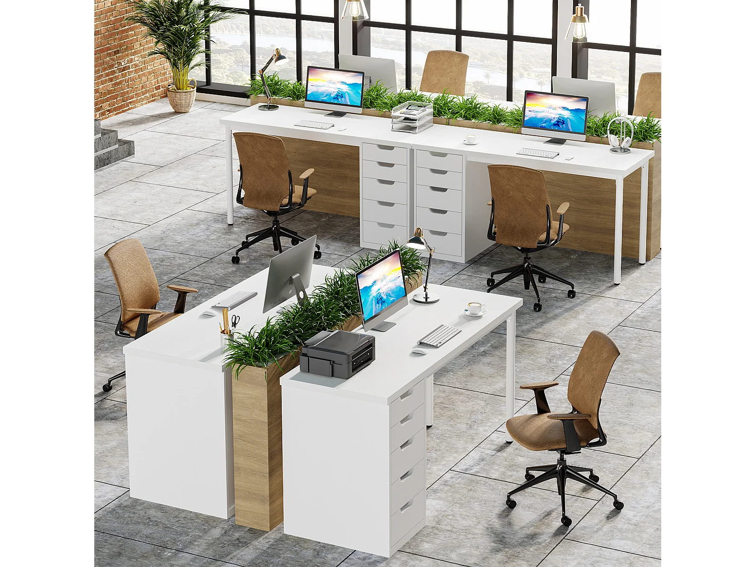 Bureau d'ordinateur à 5 tiroirs, bureau d'étude moderne et épuré avec structure en métal, blanc