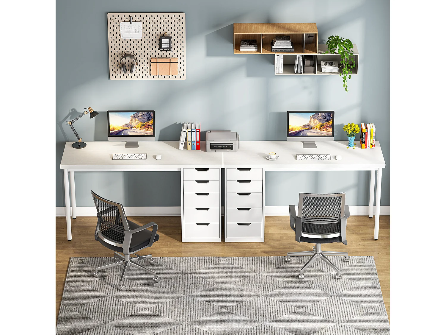 Bureau d'ordinateur à 5 tiroirs, bureau d'étude moderne et épuré avec structure en métal, blanc