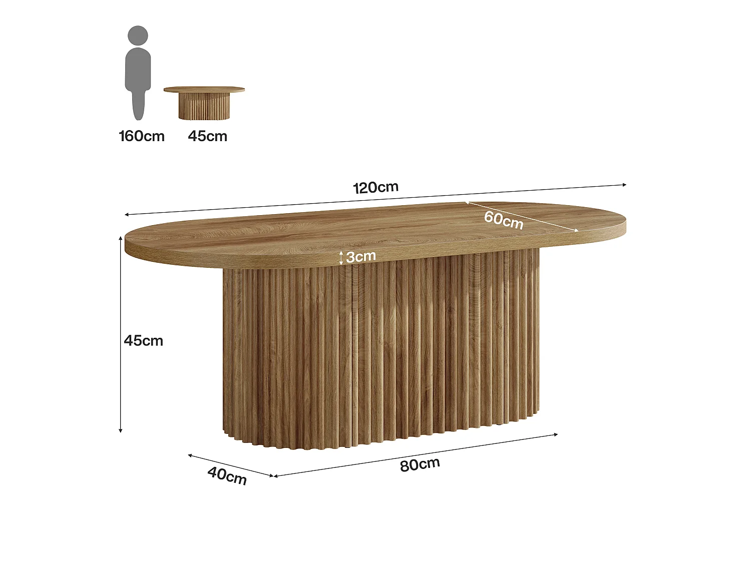 Table basse ovale, table centrale en bois de style campagnard de 120 cm avec un design cannelé pour le salon