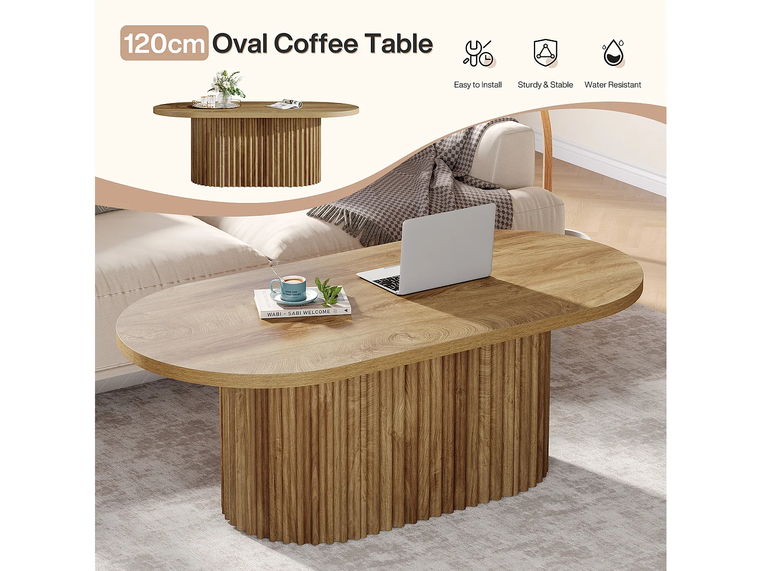 Table basse ovale, table centrale en bois de style campagnard de 120 cm avec un design cannelé pour le salon