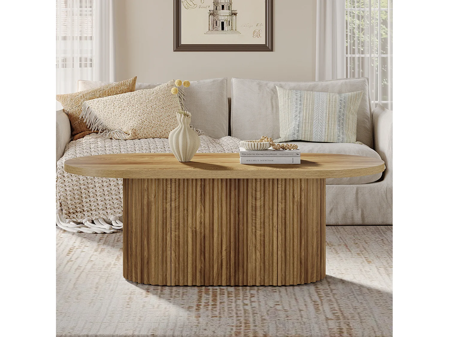 Table basse ovale, table centrale en bois de style campagnard de 120 cm avec un design cannelé pour le salon