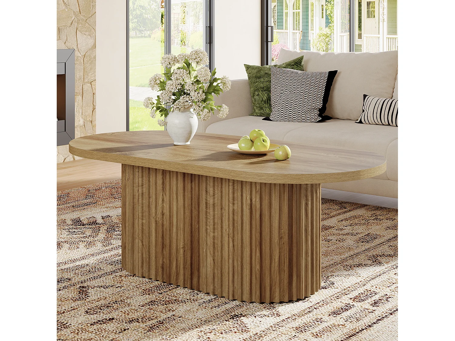 Table basse ovale, table centrale en bois de style campagnard de 120 cm avec un design cannelé pour le salon