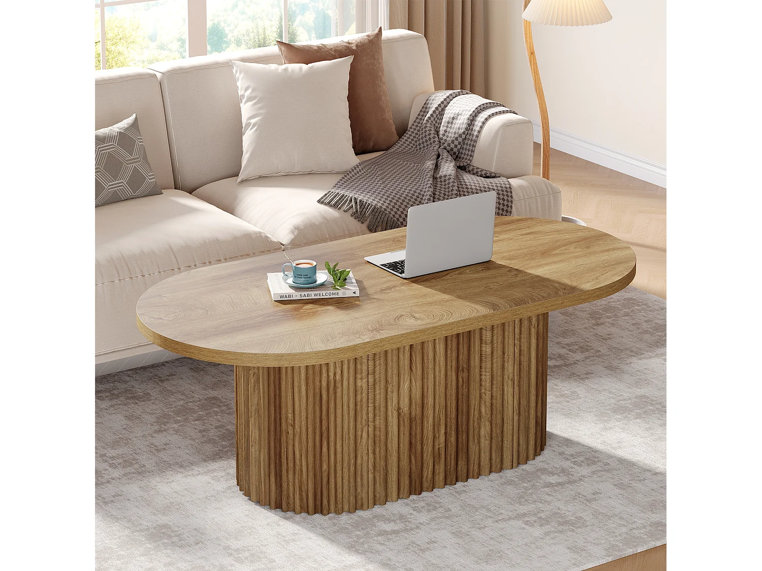 Table basse ovale, table centrale en bois de style campagnard de 120 cm avec un design cannelé pour le salon