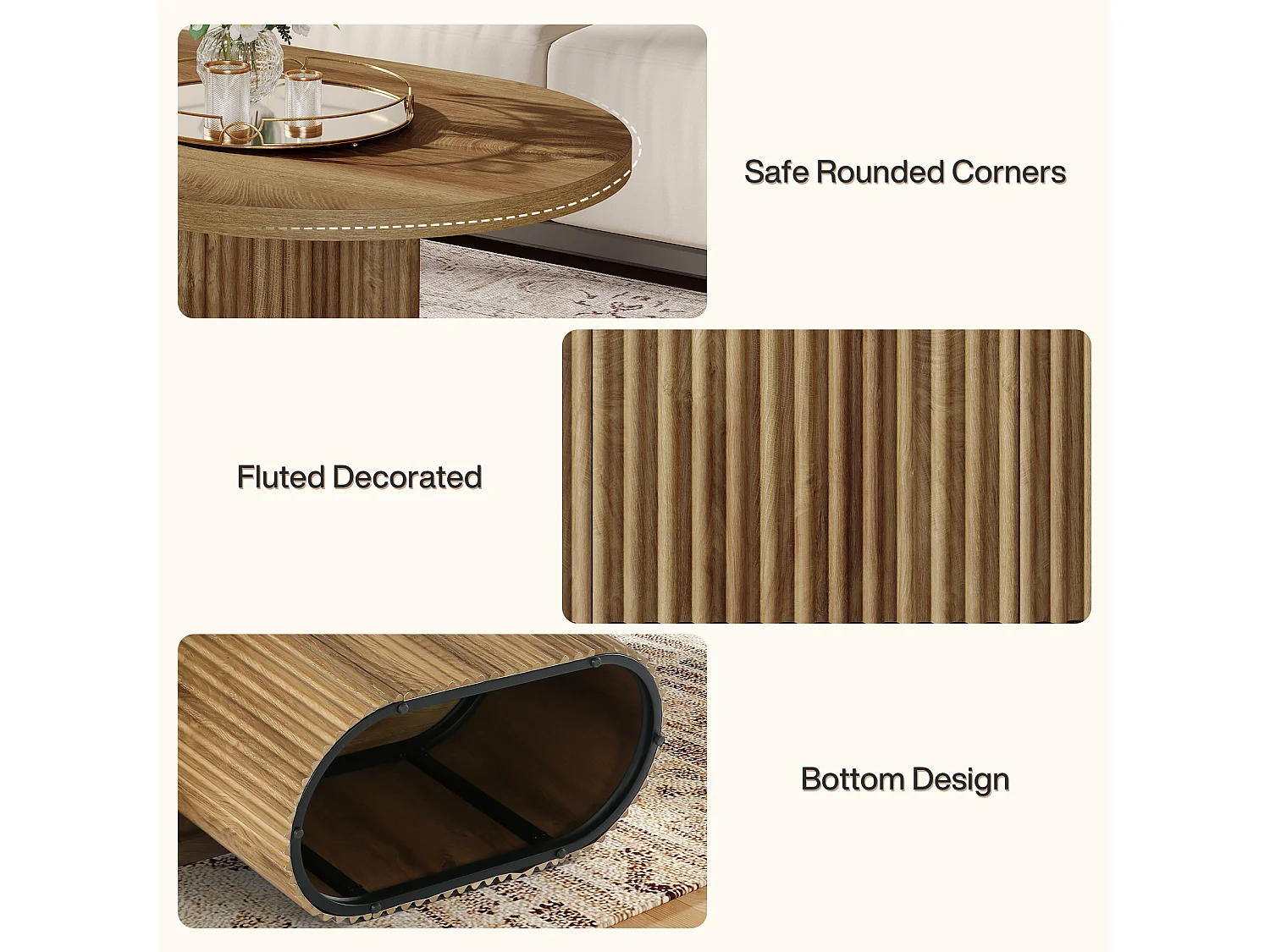 Table basse ovale, table centrale en bois de style campagnard de 120 cm avec un design cannelé pour le salon