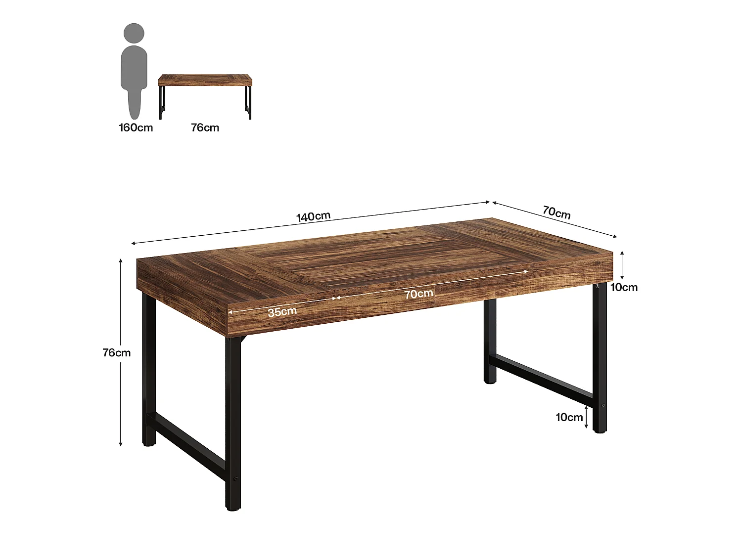 Bureau de direction rectangulaire, idéal pour le télétravail ou le travail à domicile Table d'étude simple pour ordinateur portable, marron foncé