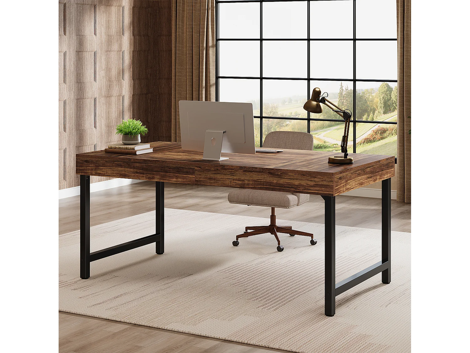 Bureau de direction rectangulaire, idéal pour le télétravail ou le travail à domicile Table d'étude simple pour ordinateur portable, marron foncé