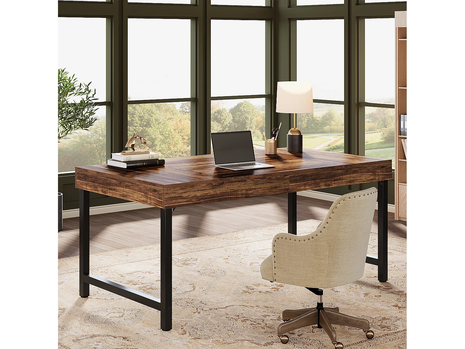 Bureau de direction rectangulaire, idéal pour le télétravail ou le travail à domicile Table d'étude simple pour ordinateur portable, marron foncé