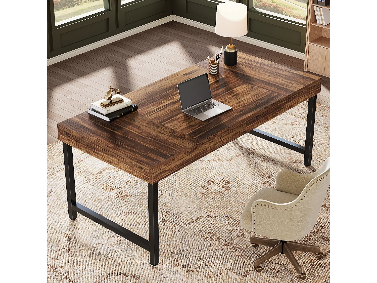 Bureau de direction rectangulaire, idéal pour le télétravail ou le travail à domicile Table d'étude simple pour ordinateur portable, marron foncé