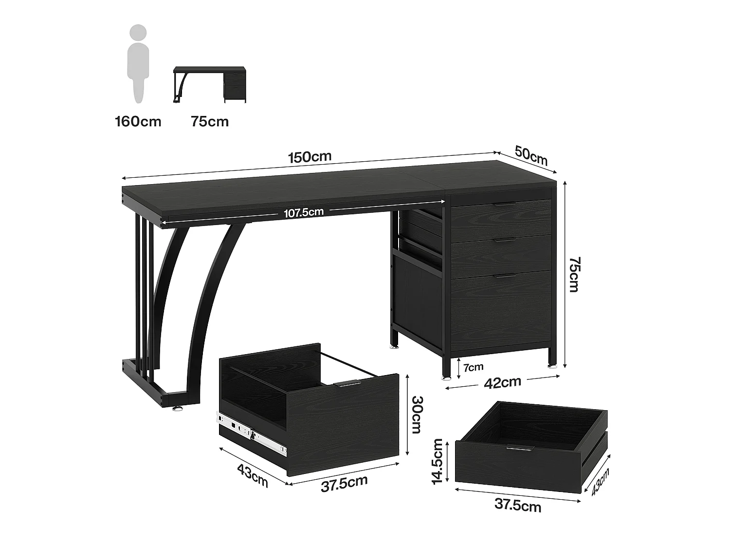 Bureau d'ordinateur à 3 tiroirs, 150 cm, tiroirs réversibles, bureau noir avec plateau de rangement