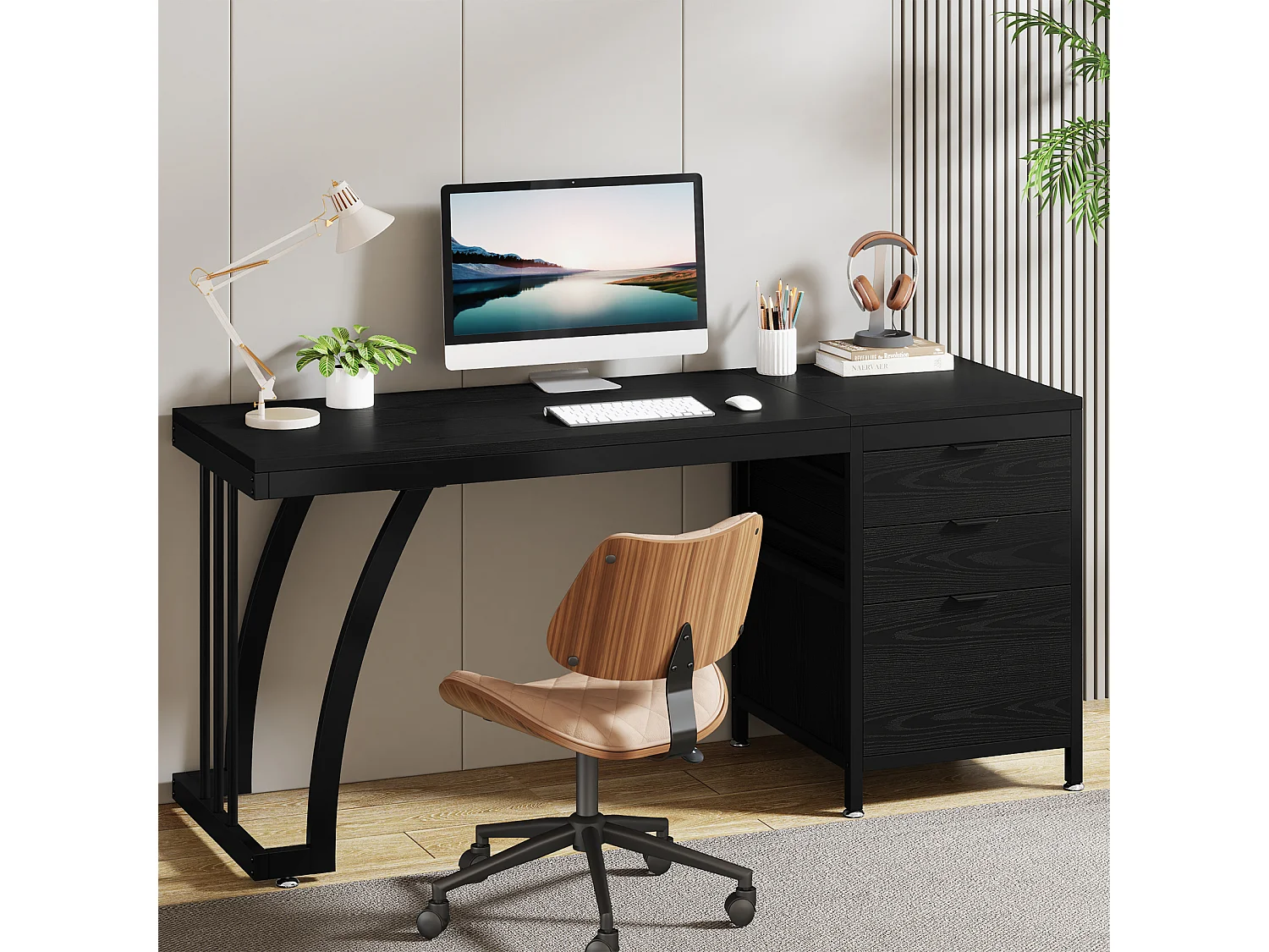 Bureau d'ordinateur à 3 tiroirs, 150 cm, tiroirs réversibles, bureau noir avec plateau de rangement