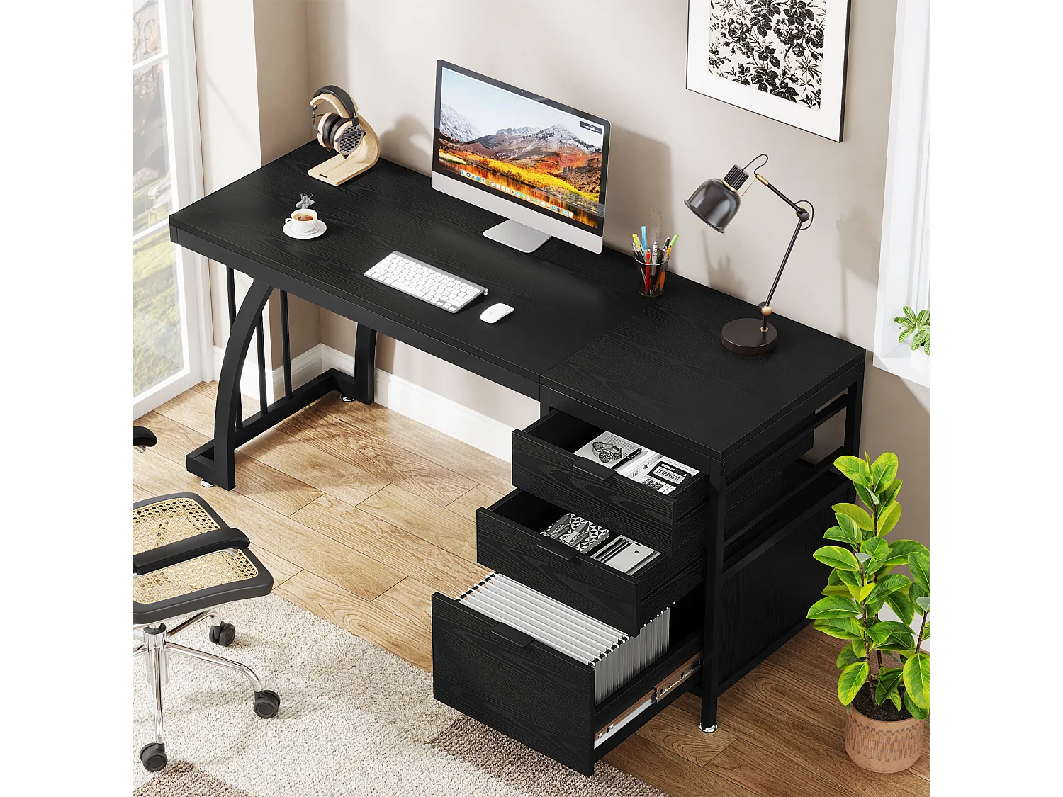 Bureau d'ordinateur à 3 tiroirs, 150 cm, tiroirs réversibles, bureau noir avec plateau de rangement
