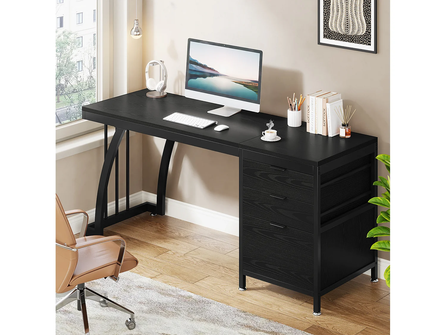 Bureau d'ordinateur à 3 tiroirs, 150 cm, tiroirs réversibles, bureau noir avec plateau de rangement