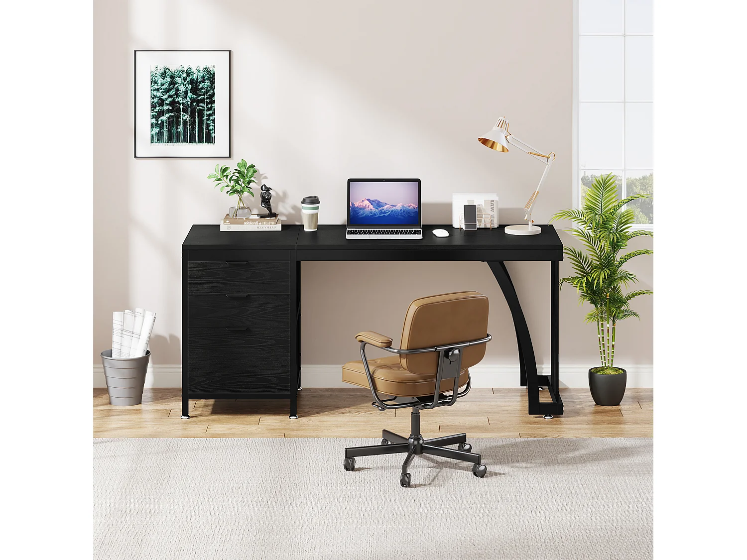 Bureau d'ordinateur à 3 tiroirs, 150 cm, tiroirs réversibles, bureau noir avec plateau de rangement
