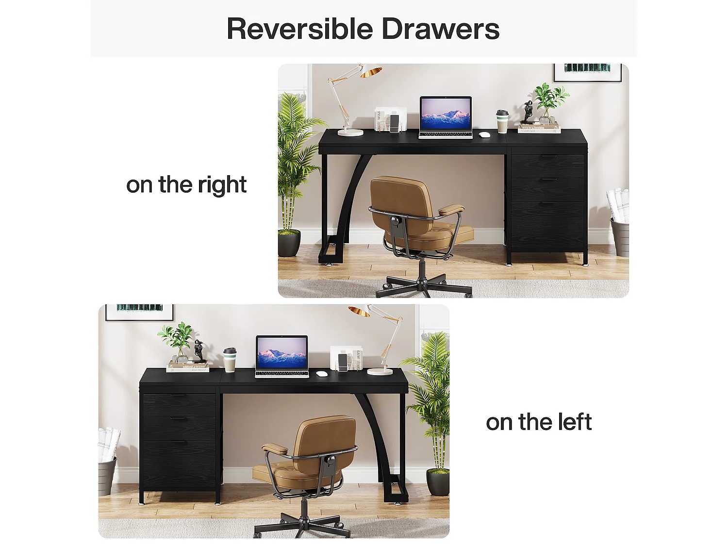 Bureau d'ordinateur à 3 tiroirs, 150 cm, tiroirs réversibles, bureau noir avec plateau de rangement